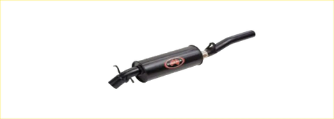 Black cylindrical exhaust muffler with red logo on side for redback performance exhaust system holden caprice 1990 back view