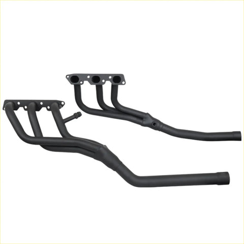 Black matte finish Redback performance exhaust manifolds with four inlet ports for Holden Caprice 09/1997 back view