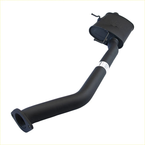 Black metal exhaust pipe with curved design and rectangular muffler housing for redback performance exhaust system for holden commodore back side view