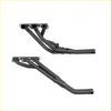 Black metal exhaust manifolds with matte finish and four cylindrical inlets for redback performance exhaust system