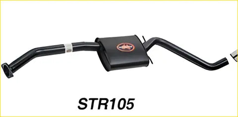Back view of black redback performance exhaust system for holden commodore with rectangular muffler and circular logo