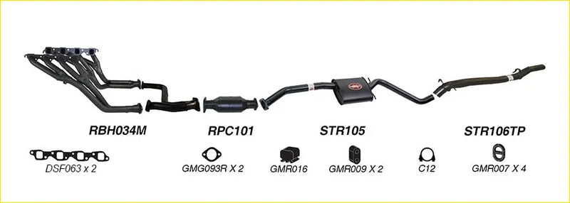 Black metal redback performance exhaust system with central catalytic converter and pipes for holden commodore back view