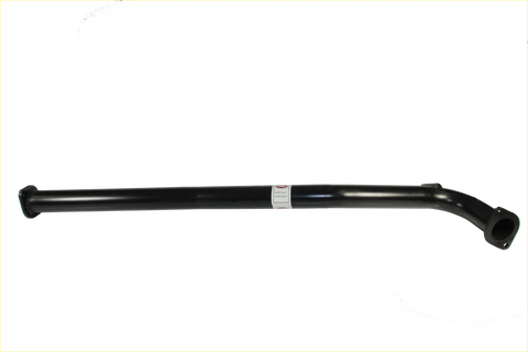 Black metal exhaust pipe with curved end and label from redback performance exhaust system for holden commodore back view