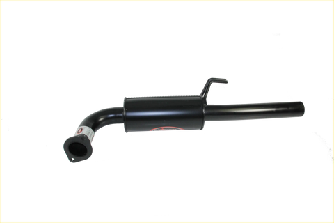 Black cylindrical metal exhaust pipe with curved inlet and handle on top for redback performance holden commodore system back side