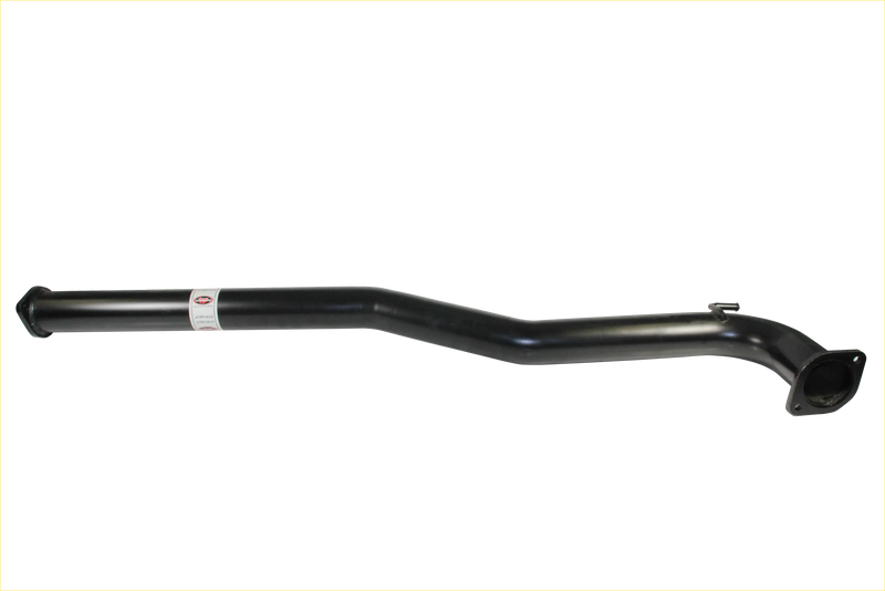 Black metallic curved exhaust pipe with white label on redback performance exhaust system for holden commodore back side
