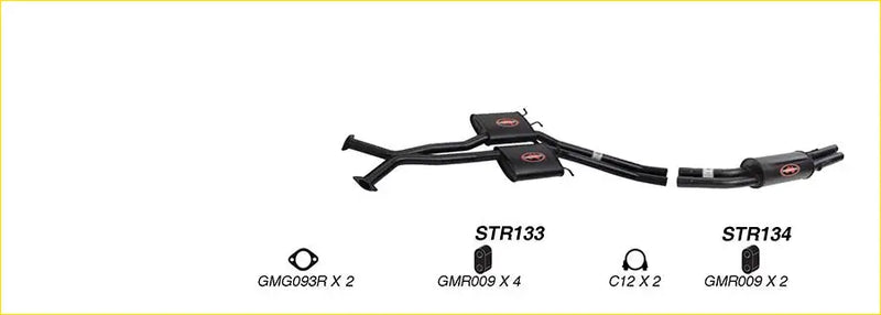 Black Redback performance exhaust system for Holden Statesman with central catalytic converter and red logo badges on back side