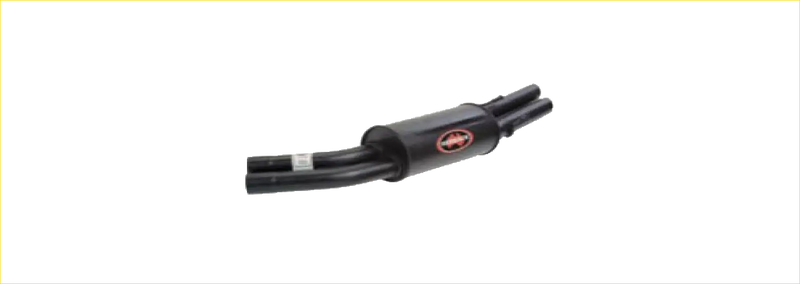 Black metal exhaust pipe with red redback logo on the side for holden statesman performance system back view