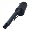 Black cylindrical metal exhaust muffler with dual-tube outlet and brackets for redback performance exhaust statesman back view