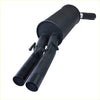 Black dual-exhaust muffler with cylindrical body and two pipes for redback performance exhaust system back side view