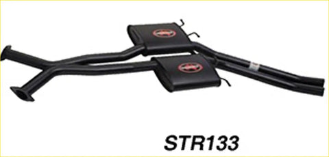 Black dual exhaust system with rectangular mufflers and red logos shown from the backside for holden statesman