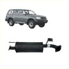 Black cylindrical Redback performance exhaust system with flanged ends and brackets for Toyota Landcruiser 105 series back view