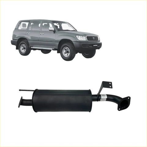 Black cylindrical Redback performance exhaust system with flanged ends and brackets for Toyota Landcruiser 105 series back view