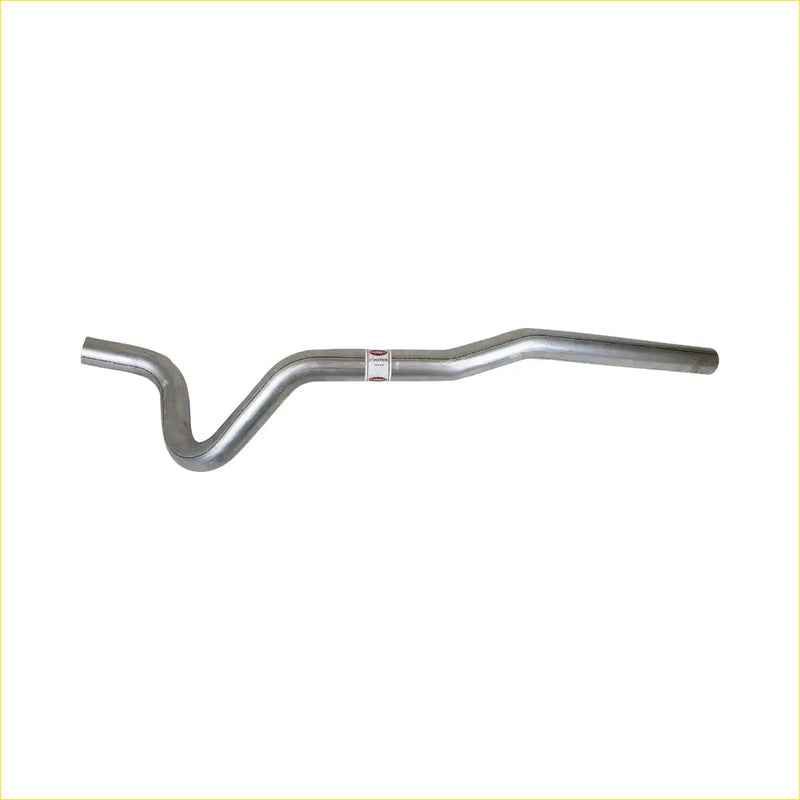 Silver curved metal exhaust tailpipe with smooth finish and small label for redback performance ford falcon 1966