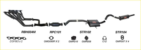 Black Redback Performance Headers and 2.5 inch exhaust system for Holden showing labeled model number parts from back side