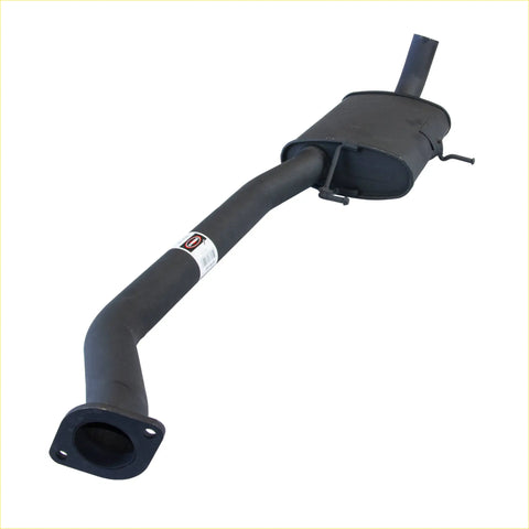 Black metal redback performance headers and 2.5 inch exhaust system component with cylindrical muffler and curved pipes for holden