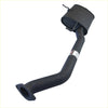 Black metal exhaust pipe with cylindrical muffler on top shown from back side for redback performance headers and 2.5 inch exhaust system for holden