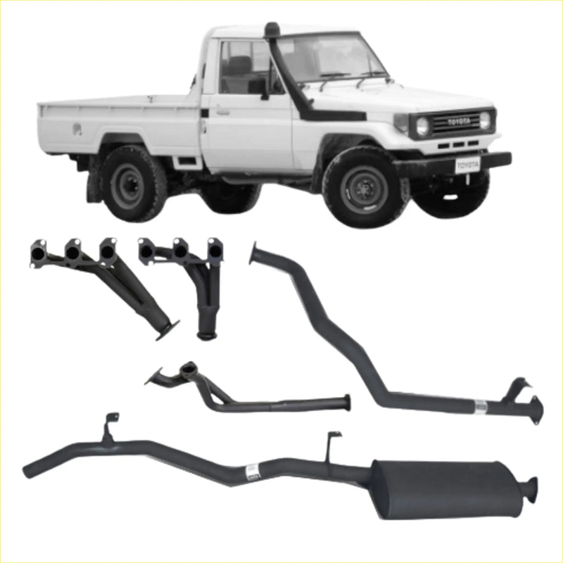 Black aftermarket Redback performance headers and exhaust components for white Toyota Landcruiser 75 from back side