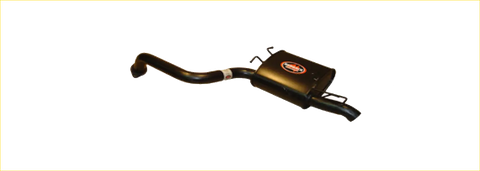 Black metallic curved exhaust pipe and rectangular housing on the back of redback performance rear muffler for ford territory