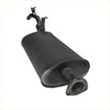 Black cylindrical exhaust muffler with flanged base and curved pipes for redback performance landcruiser tailpipe assembly
