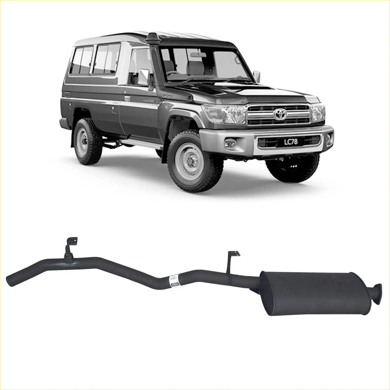 Black aftermarket exhaust tailpipe assembly for toyota landcruiser lc78 showing the back side