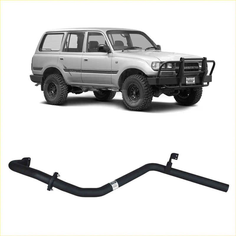 Black tubular front bumper guard for toyota land cruiser shown as part of redback performance tailpipe assembly