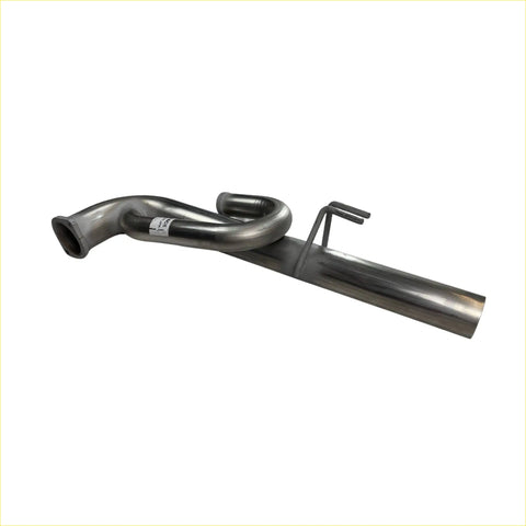 Shiny metallic exhaust manifold with curved pipe and brackets for redback sports system on holden commodore back side