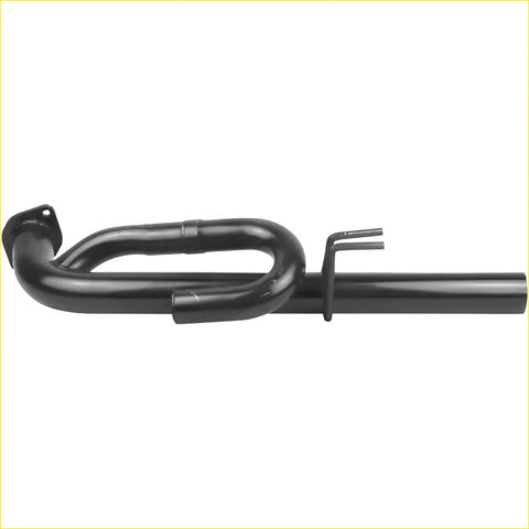 Black metal exhaust pipe with curved section and mounting bracket for redback sports system holden commodore back view
