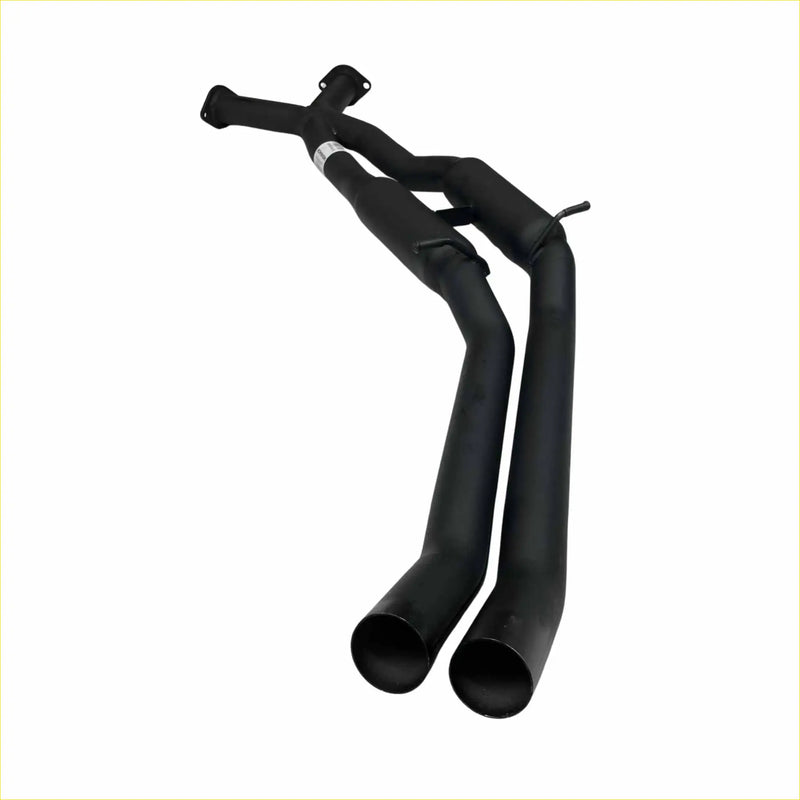 Black dual-exhaust system with matte finish and curved pipes shown from the back for redback twin 2.5 inch hotdog resonators