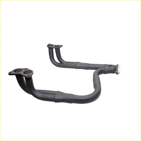 Black metal exhaust manifold with flanged ends and curved tubing redback unequal headers for subaru impreza ej20 ej25