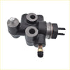 Black cast iron rhs brake load sensing proportioning valve with silver fittings and black rubber cap shown from back side
