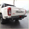 Black rockarmor steel rear step and towbar bumper on white isuzu d-max ute for 4wd and offroad use