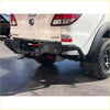 Black rockamor elite steel rear step and towbar with red logo and tow hitch on white mazda bt50 4wd ute offroad
