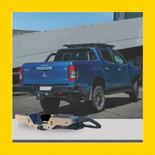 Blue mitsubishi triton with black roof rack and beige dark blue steel rear step towbar for 2019+ models in front view