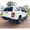 White mitsubishi triton ute with rockamor elite steel rear step towbar black bumper perfect for 4wd offroad use