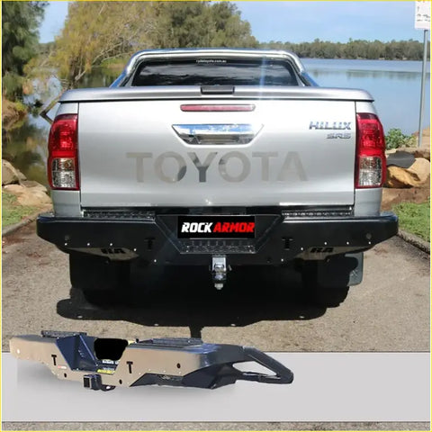 Back view of silver toyota hilux sr5 ute with black steel rockarmor rear step and towbar for offroad 4wd use