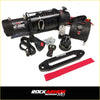 Black 12 000 lb capacity rockarmor 4x4 bullbar winch with synthetic rope and wireless remote for offroad 4wd and ute use