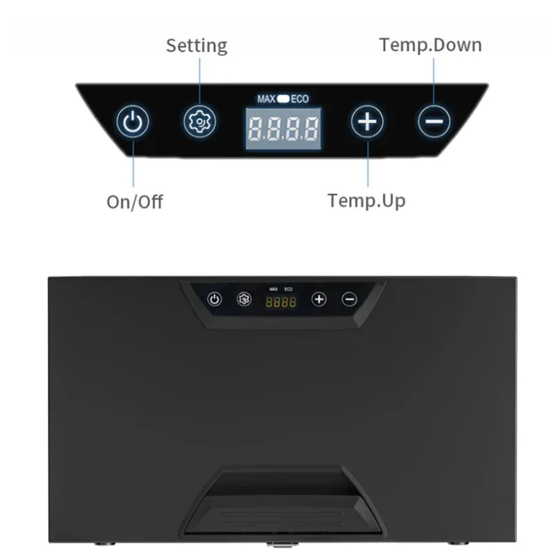 Black box with digital display and control buttons for Rockarmor 31 Litre Vehicle Draw Fridge