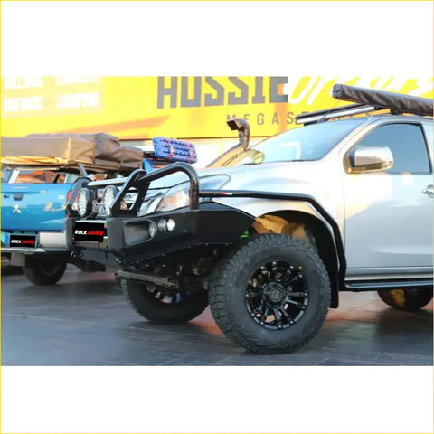 Black metal Rockarmor brushbar with integrated lights and rock logo for Isuzu Dmax 4wd ute offroad protection