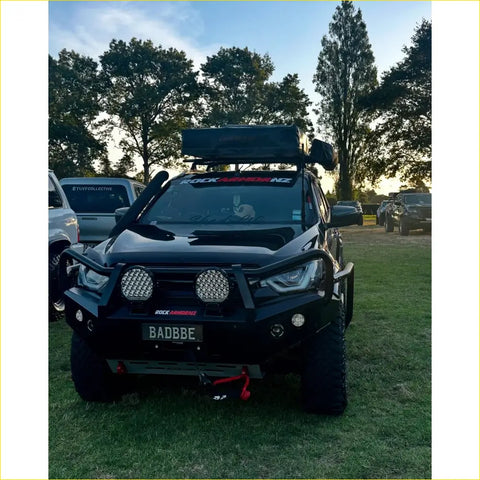 Black rugged offroad 4wd ute with rockarmor nz front bumper and roof rack for isuzu dmax 2020 plus