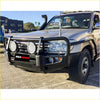 Black rockarmor front bumper with two circular led lights for Toyota Landcruiser 4wd and offroad use