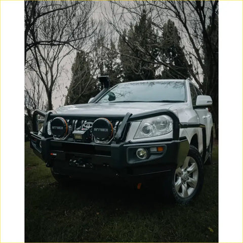 Black rockarmor reinforced brushbar with led lights and winch mount for silver toyota land cruiser prado 150 4wd offroad