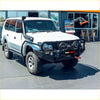 White nissan patrol 4wd with black offroad rockarmor brushbar and lighting for toyota prado 90 and 95 series
