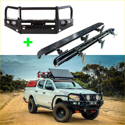 Black metal rockarmor elite bull bar with round headlights and mounting brackets for mitsubishi triton mq