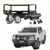 Black rugged steel Rockarmor Elite bullbar frontal combo with integrated led lights and winch for Holden Colorado 4wd ute offroad