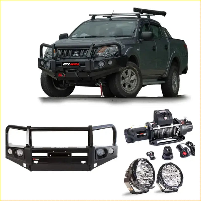 Black rockarmor elite bullbar front bumper for mitsubishi triton mq with integrated lights and winch mounts for 4wd ute offroad