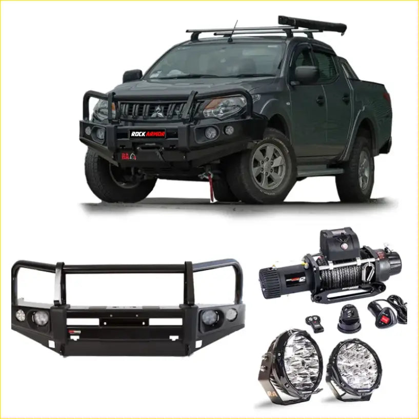 Black metal front bumper with integrated lights and rock armor logo for mitsubishi triton mq bullbar combo pack