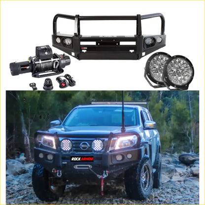 Black rock armor front bumper with integrated led lights and winch kit for rugged off-road use on nissan navara np300