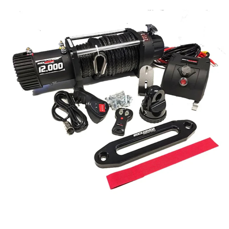 Black electric winch with accessories including synthetic winch rope for elite bullbar compatibility