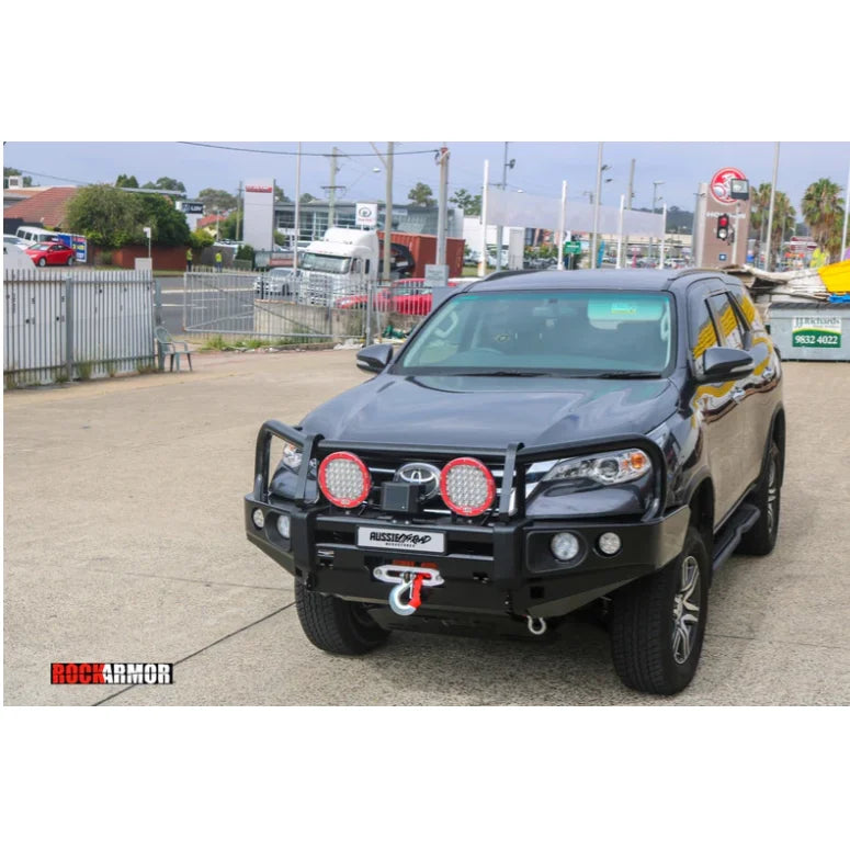 Black SUV with aftermarket elite bullbar and synthetic winch rope for Toyota Fortuner 2015-2019