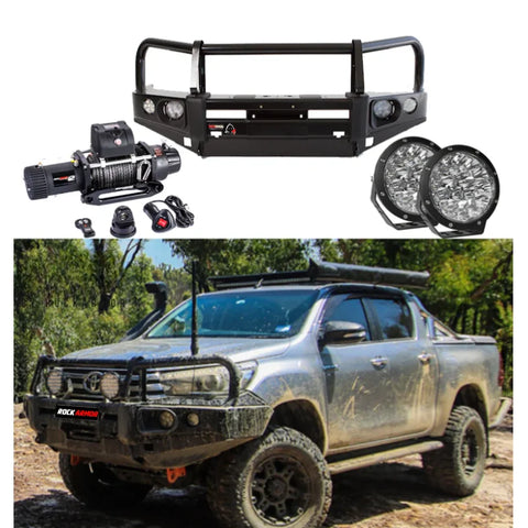 Rockarmor elite bullbar frontal combo for Toyota Hilux 2015-2020 with synthetic winch rope in black steel